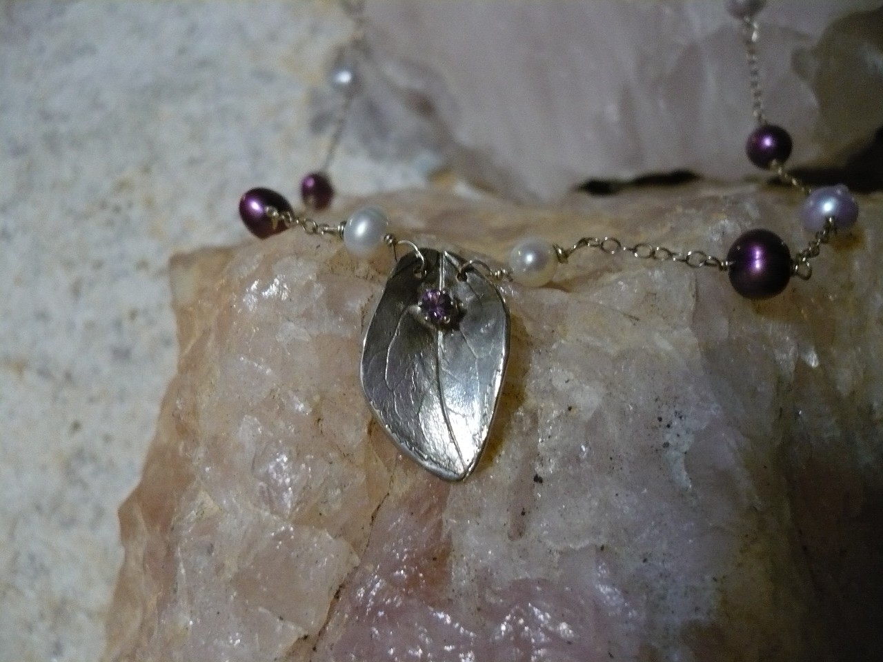 Purple Sapphire Leaf Necklace with Pearls